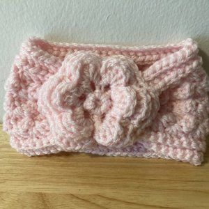 Infant Girls Winter Crochet Cinched Bow Headband Ear Warmer - Baby Pink